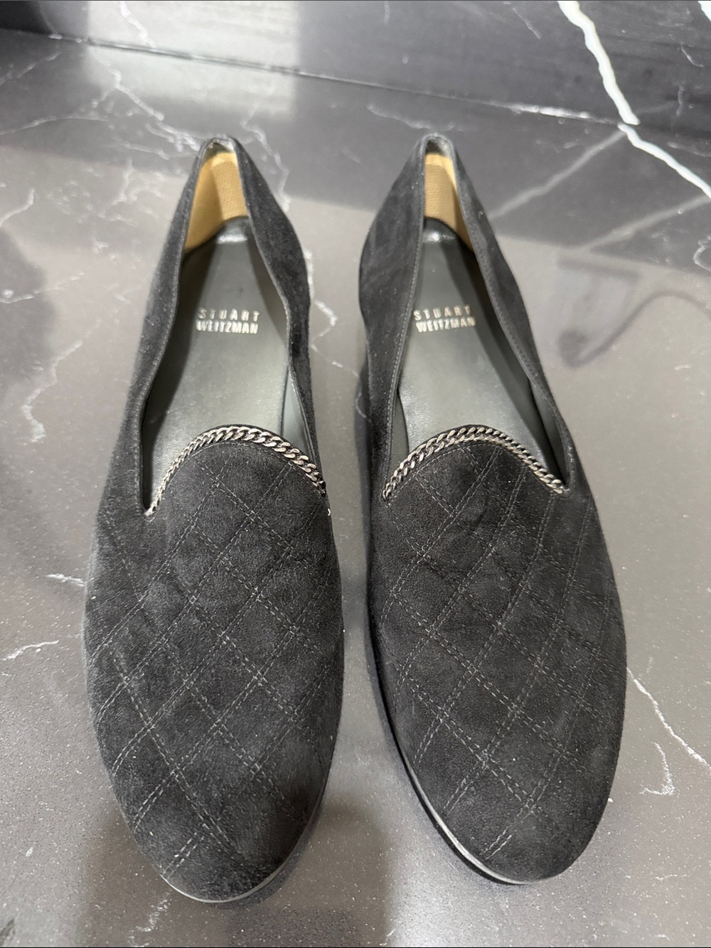 Stuart Weitzman Black Quilted Suede Chain-Trim Loafers size 9